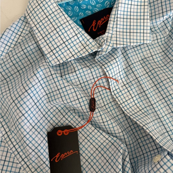 Egara Men's White and Blue Grid Button Down Dress Shirt - Picture 1 of 9